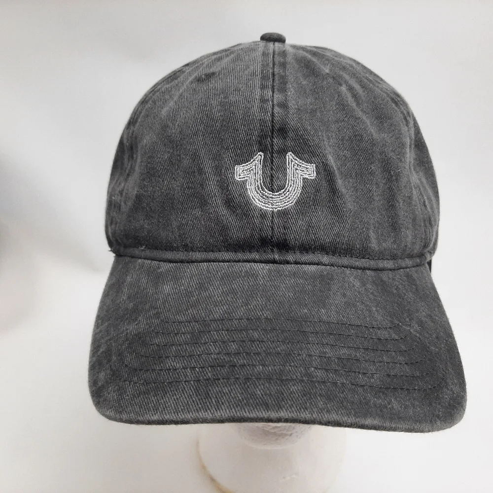 True Religion Embroidered Relaxed Cotton Snapback Hat Cap Black Garment Washed